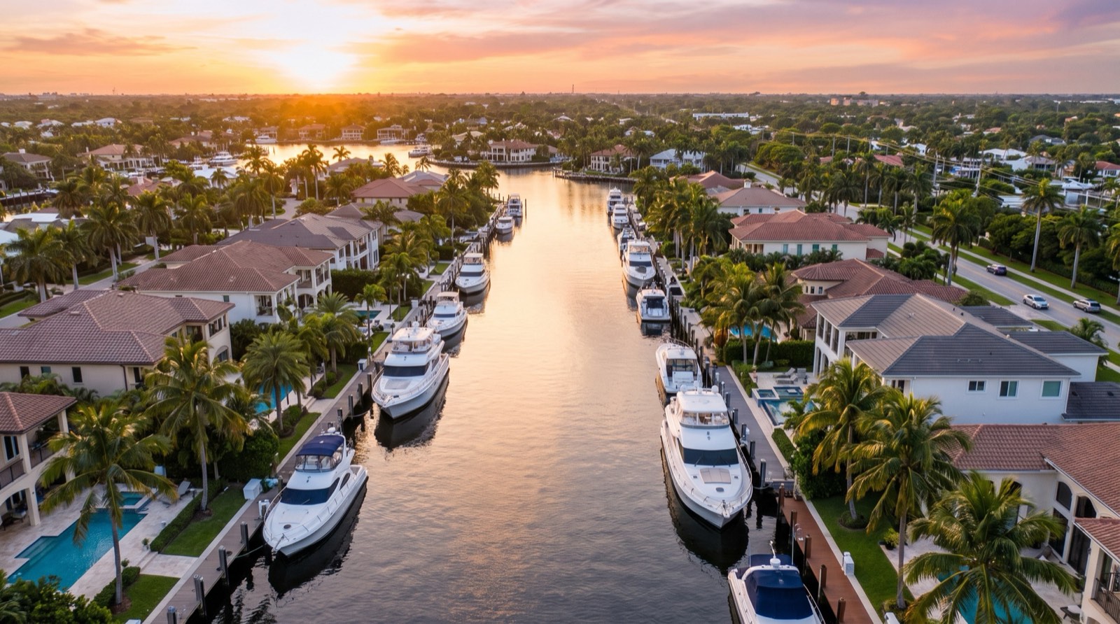 Waterfront homes and yachts along a Fort Lauderdale canal at sunset