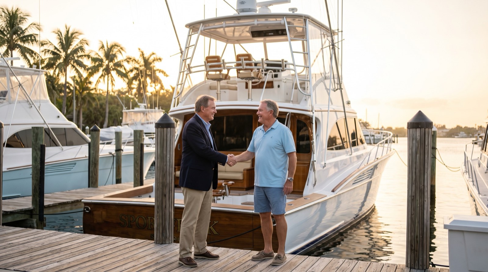 A broker and a buyer shaking hands on a dock beside a sportfish yacht at golden hour