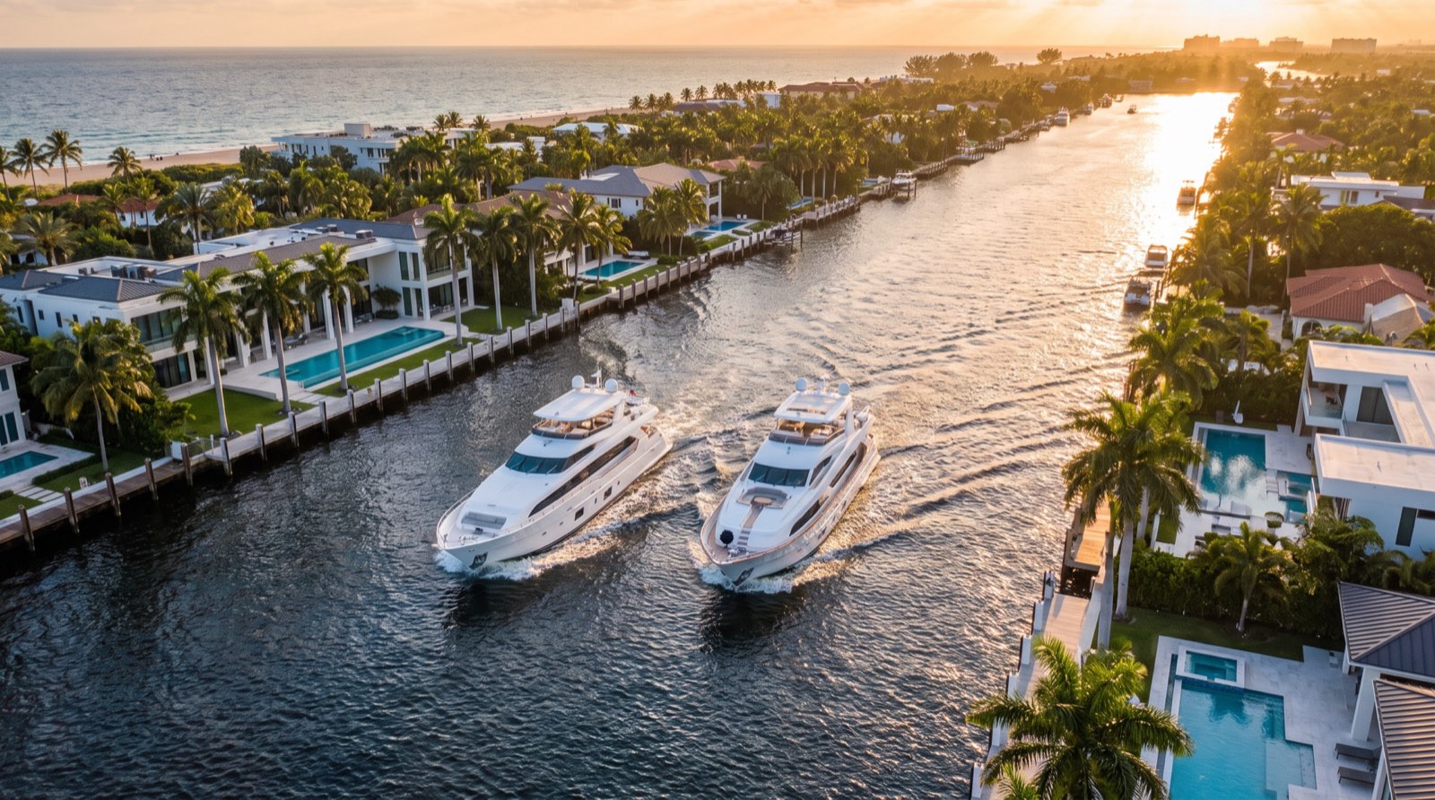 Two motor yachts underway on the Fort Lauderdale Intracoastal at golden hour, waterfront estates on both banks
