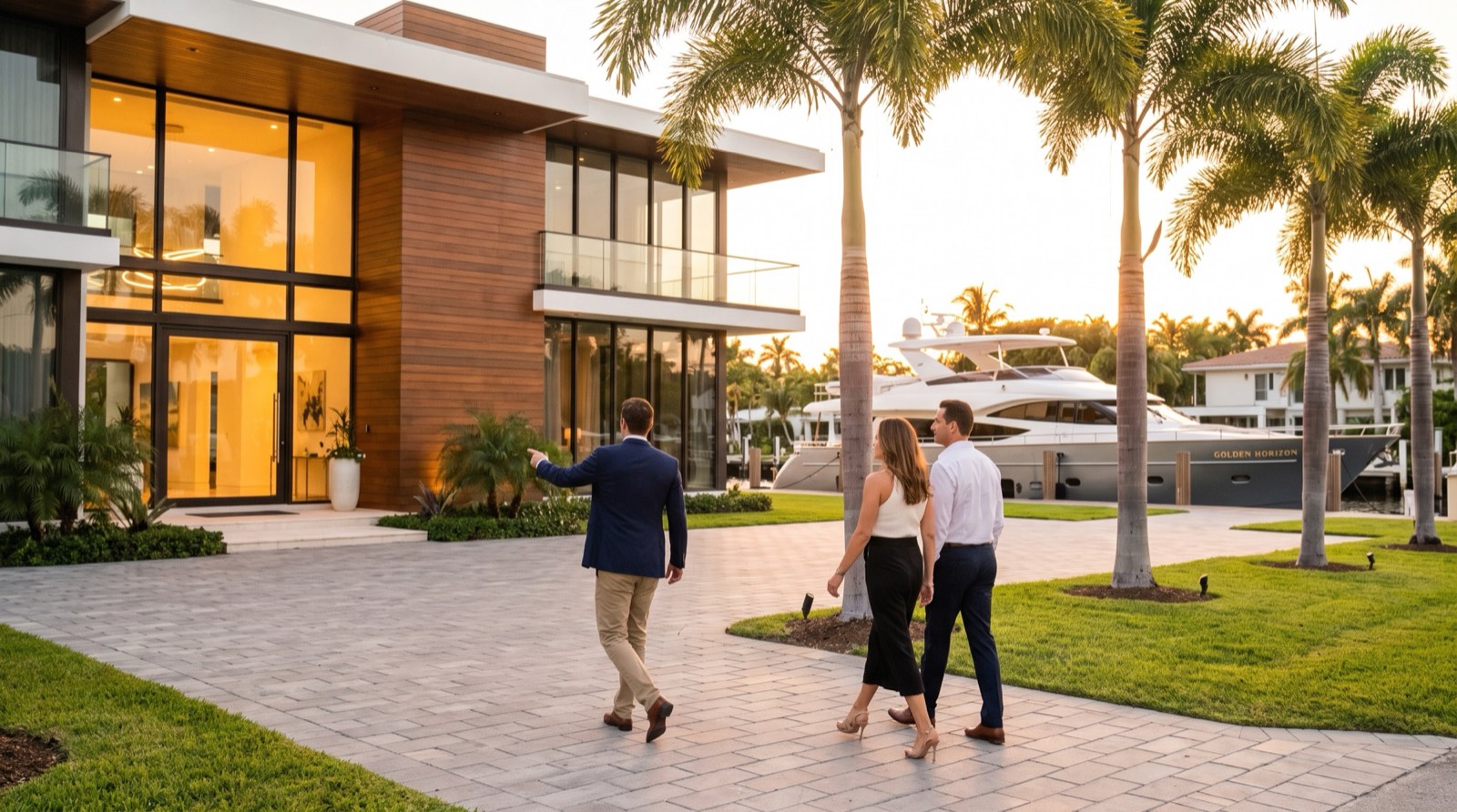 A broker walking a couple up to a waterfront Fort Lauderdale home at golden hour, a motor yacht at the dock behind